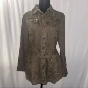 CAbi Utility Sahara Jacket 100% Linen Khaki Brown Size M Front Belt Roll Tab